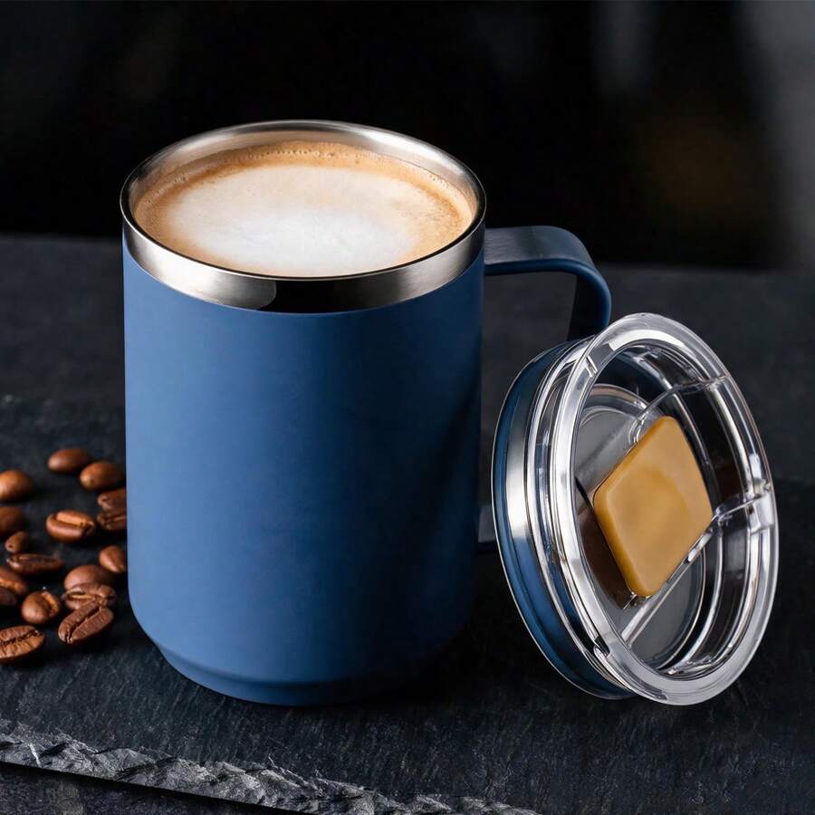 Stainless Steel Coffee Mug With Lid, 15oz/450ml Travel Coffe Cup With Handle, Reusable Metal Drinks Cup, Camping Mug, Ideal Gift - 450ml - View 1