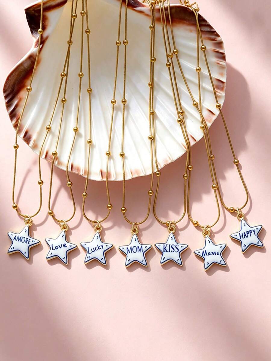 1pc Stainless Steel Chain Star Pendant Necklace LOVE Letter Oil Drop Exquisite Pendant Necklace Women's Fashion Jewelry Versatile Accessory - Multicolor - View 1