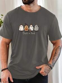Men's Chick Or Treat Pattern Summer Casual Crew Neck Short Sleeve T-Shirt - 白色 - 查看 7