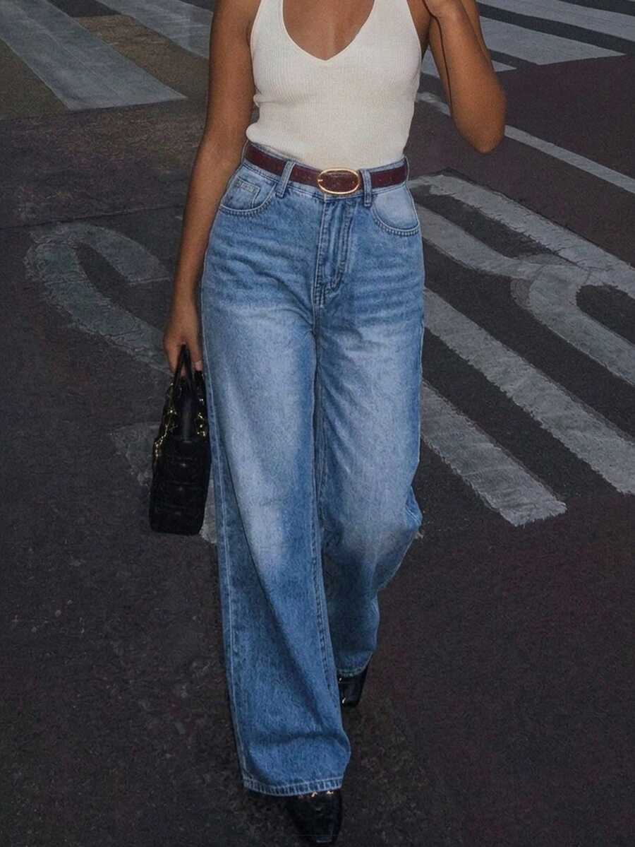 Women's Vintage Casual Stacked Loose Straight Leg Denim Jeans - Medium Wash - View 1