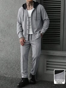 Conjunto de chaqueta con capucha y pantalones para hombres talla grande, con capucha con cordón, empalme de contraste, pantalones casuales con cordón, ropa casual versátil - Gris - Ver 1