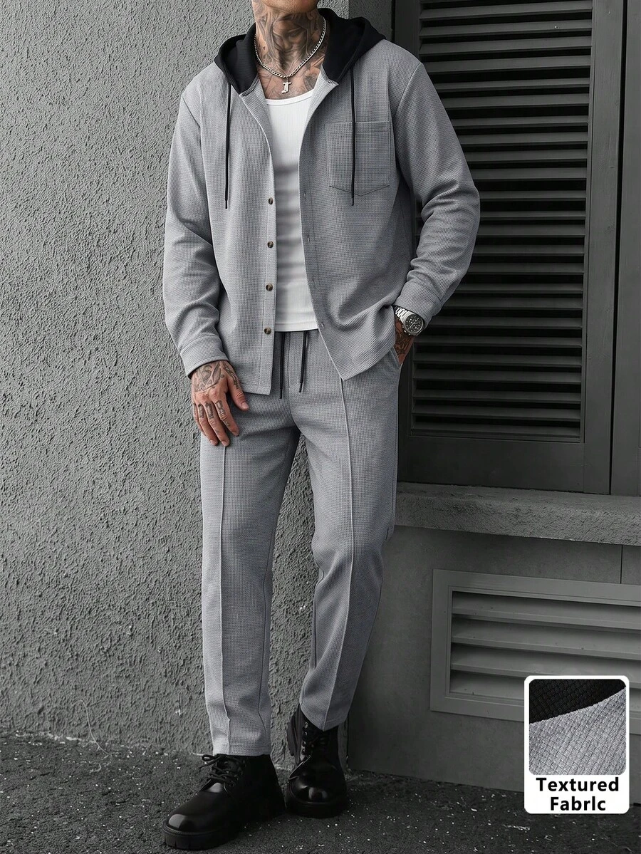 Conjunto de chaqueta con capucha y pantalones para hombres talla grande, con capucha con cordón, empalme de contraste, pantalones casuales con cordón, ropa casual versátil - Gris - Ver 1