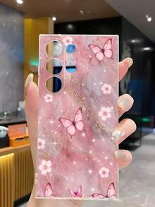 1pc Fashion Creative Pink Gold Marble Pattern Flower Butterfly Transparent Soft Protective Case Compatible With Huawei Honor Galaxy A04e/12/A13/A14/A34/A50/A52/A53/A54/S21/S22/S23/S24/S25/S25Ultra/S25FE/S26/S26 PLUS/S26 ULTRA/S26 EDGE/ 6A/7A/8A/ 12T/13T/15T/15 TPRO[International Version Not Local Version] - Clear - View 5