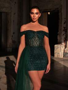Faeriesty Elegant Off-Shoulder Beaded Evening Gown - Perfect For Bridal Portraits, Formal Dinners And Red Carpet Events Wedding Party Vacation Fall - Dark Green - View 6