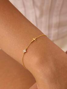 1pc 14K Gold Plated Women's Bracelet, Clover Cross Exquisite Non-Fading Jewelry, Christian Baptism Religious Jewelry Gift - Gold - View 2