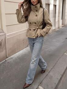 Vusalt Women's Vintage Loose Short High Collar Casual Commuter Trench Coat, Suitable For Women's Outerwear, Spring Clothing, Commuter Office Attire, Daily Wear, Street Fashion - Khaki - View 8