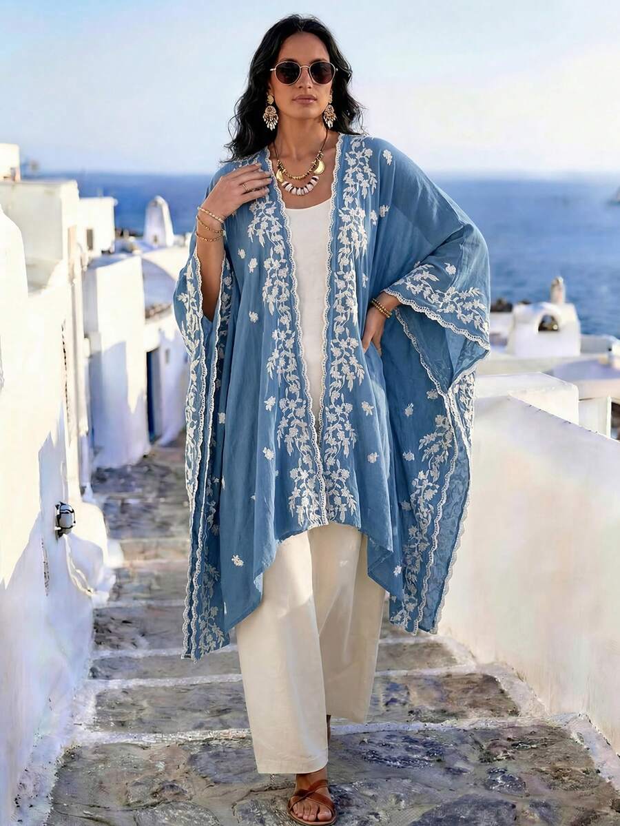 1件優雅花卉圖案波希米亞風刺繡開襟披肩女款 春夏和服式圍裙外套 沙龍外衣 適合海灘度假 防曬防UV 刺繡開襟衫 時尚百搭奢華裝飾款 適合日常穿著 送禮首選 - 藍色 - 查看 1