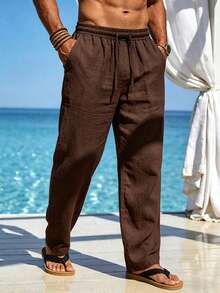 Mercer Haus Men's Brown Linen Long Pants Summer Vacation Style - Coffee Brown - View 7