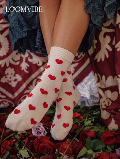 1 Pair Unisex Red Heart Pattern Mid-Calf Socks, Solid Color Ribbed Cuff, Polyester, Breathable, Sweet Style, Suitable For Daily Wear