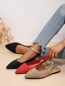 Zapatos planos con punta roja y tira trasera, parte superior de tela, transpirables, acabado brillante, mocasines, diseño de empeine abierto, zapatos casuales para oficina y desplazamientos, versátiles, elegantes y cómodos - Rojo - Ver 6