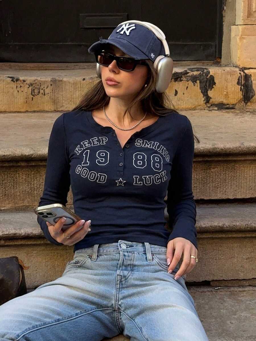 女款修身字母印花性感長袖T恤休閒款 - 藏蓝色 - 查看 1