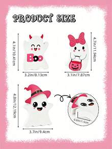 3pcs Cute Halloween Ghost PVC Desktop Decor, Pink Kawaii Ghost Ornament With Witch Hat, Pumpkin Bucket And Bow, Halloween Desktop Decoration, Spooky Holiday Home Decor, Shelf Display, Tiered Tray Decoration, Indoor Party Decor, Cute Halloween Gift Room Decor Halloween Decor - A - View 3