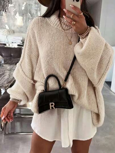 Elegant Women's Solid Color Versatile Loose Batwing Sleeve Casual Warm Knitted Pullover Sweater, Suitable For Autumn/Winter Casual Commute Wear, Christmas New Year Outfit, Solid Color Polyester Fiber (Polyester) No Women's Sweater Birthday Party Autumn/Winter