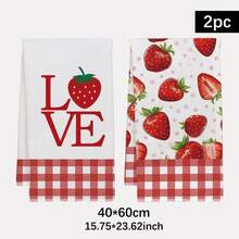 2件組紅色格紋 LOVE 草莓圖案廚房毛巾，40*60cm鄉村農場風長方形抹布、桌布、手巾，廚房裝飾，鄰居喬遷禮物，廚房餐巾與抹布，居家裝飾禮品 - 紅白色 - 查看 2