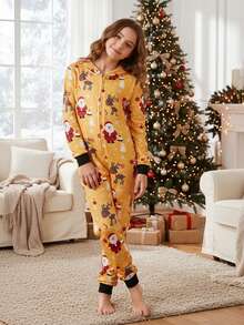 Family Matching Christmas Jumpsuits Pajamas Letter/Santa/Tree/Print Hooded Long Sleeve Playsuits Autumn Zipper Long Rompers - Yellow Kid - View 4