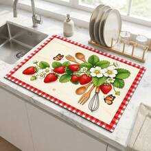 1pc Dish Drying Mat, Coffee Machine Mat, Pastoral Strawberry Floral Pattern With Wood Grain Background, Red And White Plaid Border, Butterfly Decoration, Multi-Purpose Drainage Mat, Home Gift, Tabletop Decor - XYLSD-619 - View 5