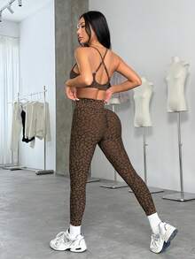 Leopard Print Women's Sports Set Backless Sports Bra & High Waist Tummy Control Butt Lifting Leggings - Brown - View 5