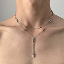1pc Metal Bead Y-Shaped Tassel Necklace, High-End Fashion Unisex Long Double-Layer Layered Sweater Chain, Hip-Hop Rock Collarbone Necklace - Silver - View 1