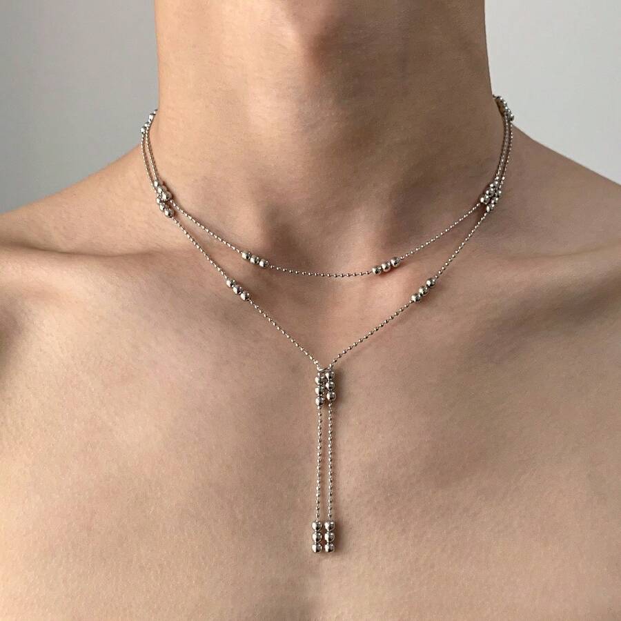 1pc Metal Bead Y-Shaped Tassel Necklace, High-End Fashion Unisex Long Double-Layer Layered Sweater Chain, Hip-Hop Rock Collarbone Necklace - Silver - View 1