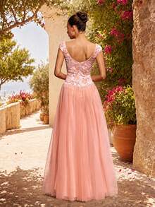 VIPGIRL Elegant Sleeveless Pink Mesh Long Dress, Decorated With Flowers And Sequins, Perfect For Prom Or Evening Events. - Pink - View 3
