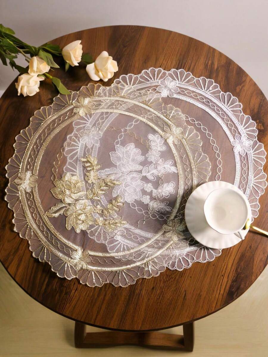 圓形白色蕾絲刺繡餐墊,花卉透明網格桌巾,復古波浪邊咖啡杯盤桌飾,婚禮派對居家桌面裝飾 - 多色 - 查看 1