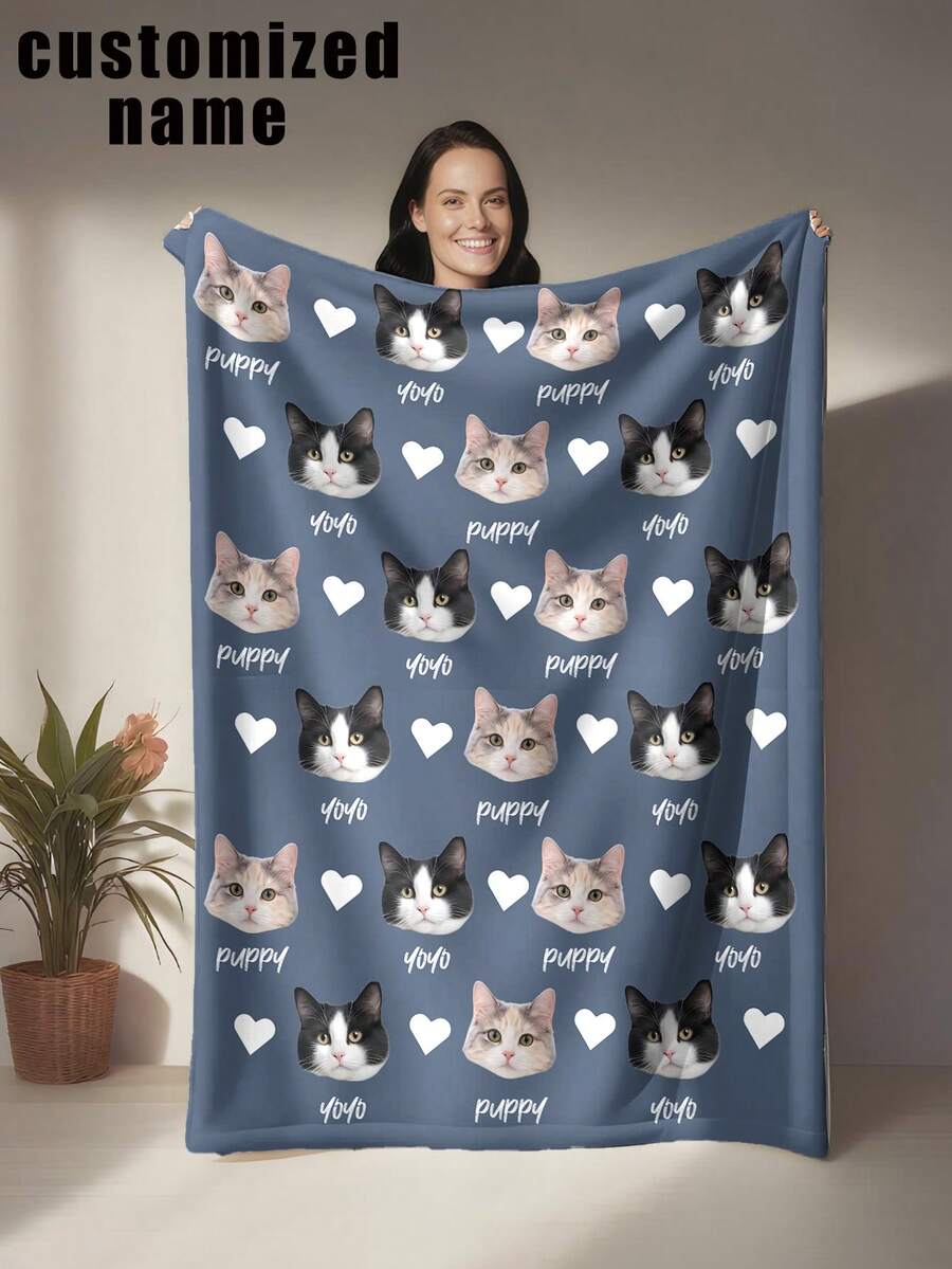1pc Customized Pet Photo & Name Flannel Blanket, Soft & Cute Healing Style, Soft & Skin-Friendly, Lightweight, All-Season Use, Personalized Soft & Warm Digital Print, Tear-Resistant, Machine Washable, Hypoallergenic, Multi-Purpose Blanket For Sofa, Bed, Travel, Camping, Living Room, Office