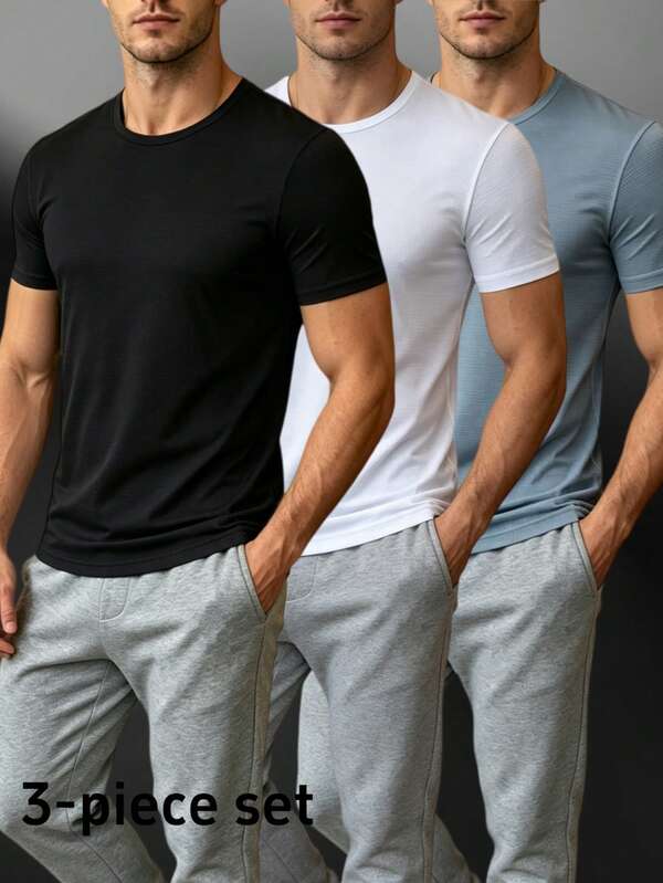 3pcs/Pack Men's Home Loungewear T-Shirts, Summer Short Sleeve Tops, Regular Fit Crew Neck Short Sleeve Casual Daily Home Wear