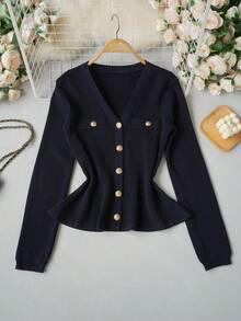 Navy Blue Knitted Cardigan Women's Autumn/Winter New Style Gold Button Waist-Cinched Ruffle V-Neck Sweater Jacket Elegant Commuter Slimming Fall - Navy Blue - View 9