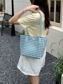 2026 New Hollow Embossed Woven Bag, Women's Shoulder Bag With Small Bag, Large Capacity Bag, Vacation Travel Charm Versatile Leisure Bucket Bag - Blue - View 4