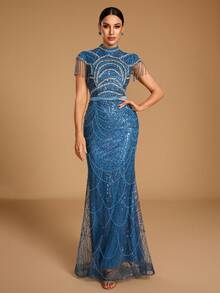 GIFORU Women's Elegant Heavy Beaded & Sequined Mermaid Evening Gown, Formal Evening Dress Fall Wedding Party - Dusty Blue - View 9