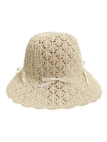 1pc Women's Hollow Woven Sun Hat, Wavy Lace Satin Bow Decor Wide Brim Bucket Hat, Small Breathable Sun Protection Hat, Suitable For Daily Outings - Multicolor - View 5