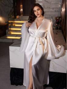 Plus Size White Satin Feather Long Robe, Morning Robe, Bridal Outerwear, Loungewear - White - View 1