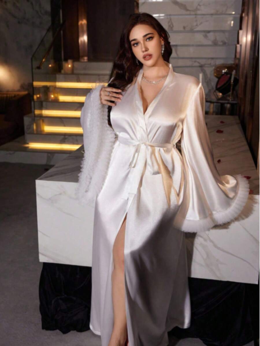 Plus Size White Satin Feather Long Robe, Morning Robe, Bridal Outerwear, Loungewear - White - View 1