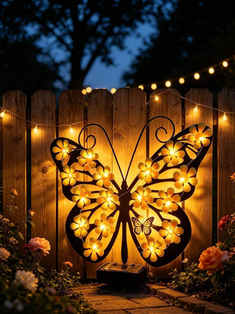 1PC Solar Powered Butterfly Garden Yard Ambient Decorative Wall Light Hanging Ornament, Metal Black Butterfly Decorative Light, Gift For Mother, Grandmother, Women's Birthday Or Gardening Enthusiasts - Multicolor - View 1