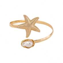 3pcs/1pc Beach Vacation Starfish Shell Open Cuff Bracelet, Vintage Pearl Metal Arm Bangle, European And American Style Versatile Arm Accessory - Gold - View 4