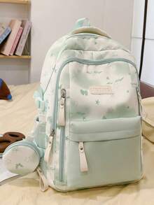 Designed Backpack Fresh Macaron Color Scheme School Bag For Female Students Korean Campus Style. Large Capacity Layered Design Can Easily Store Laptop, Textbooks And Daily Items, Front Pocket And Side Pocket Organized. Thoughtfully Includes Matching Printed Round Coin Purse, Perfect For School Commute, Weekend Outings Or Short Trips. No Pendant. - Multicolor - View 11