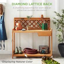 Outdoor Garden Potting Bench, Wooden Workstation Table W/Cabinet Drawer, Open Shelf, Lower Storage, Lattice Back - Gray - Gray - View 6