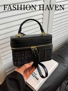 New Autumn/Winter Women Hard-Shell Blue Shoulder/Crossbody/Top Handle Tote Bag, Fashion Box Shaped Casual Makeup Bag, Student Bag - Black - View 2