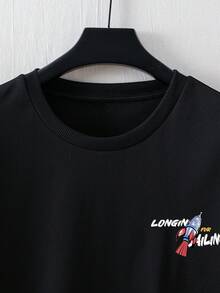 Men's Street Style Rocket Graffiti Print T Shirt - Casual Loose-Fit Round Neck,Breathable Polyester Fiber,Machine Washable - Perfect Choice For Summer - 黑色 - 查看 3