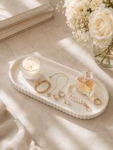 1pc Cream White Oval Wavy Edge Vanity Tray, Elegant Jewelry And Perfume Storage Tray, Suitable For Vanity, Bedroom Or Bathroom Countertop, Decorative Sundries Storage Tray, Can Hold Candles, Cosmetics And Gifts, Wedding Bridesmaid Gift, Room Decor, Jewelry Storage, Home Decor - Multicolor - View 6