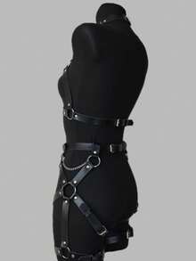 1 Set Harnais de corps à col ras-du-cou pour femme avec bustier, porte-jarretelles levant les hanches et sangles de jambes, tenue à bretelles tout-en-un pour fêtes de vacances ou soirée de carnaval - Noir - Voir 3