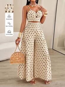 AIJ Women's Summer Vacation Knot Halter Top + Ruched Wide Leg Pants 2 Pieces Set Elegant - Apricot-colored Coffee Shop - View 1