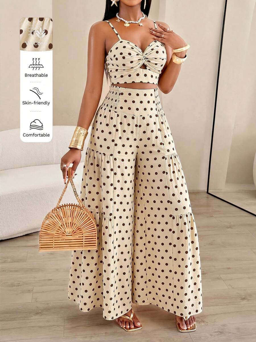 AIJ Women's Summer Vacation Knot Halter Top + Ruched Wide Leg Pants 2 Pieces Set Elegant - Apricot-colored Coffee Shop - View 1