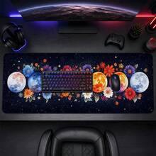 Dark Starry Sky Colorful Moon Phase Floral Large Gaming Mouse Pad, Aesthetic Planet Flower Non-Slip Stitched Edge Desk Mat, Thickened Keyboard Pad, Suitable For Men Gaming And Office - View 3