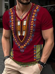 Camiseta de manga corta con cuello en V y estampado geométrico de dashiki africano color burdeos para hombre, estilo bohemio ligero para playa y vacaciones casual - Multicolor - Ver 2