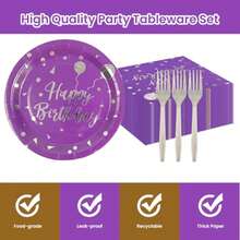 75PCS Happy Birthday Paper Plates And Napkins Set-Disposable And Sliver 7IN Party Dessert Plates 6.5IN Napkins Gold Forks Tableware Set For Birthday Wedding Graduation Party Decoration Serve 25 - Purple - View 8
