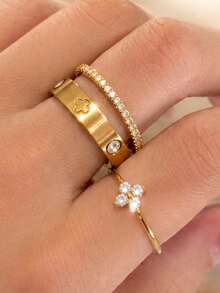 3pcs/Set Gold Stackable Rings, 18K Gold Plated 304 Stainless Steel, Rust-Proof, Waterproof, Hypoallergenic Lucky Stacked Jewelry, Valentine's Day, Christmas, Qixi Festival Gift For Her And Daily Wear - Gold - View 4