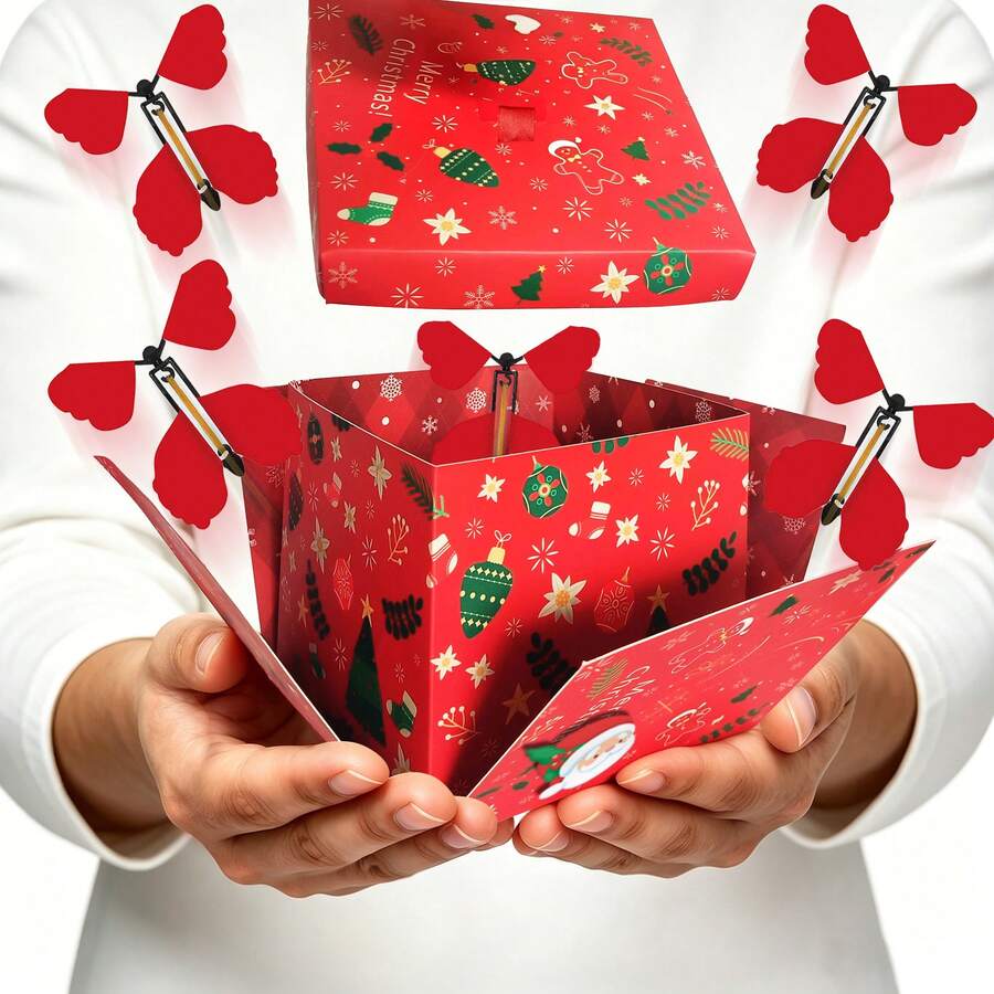 3D Christmas Butterfly Explosion Gift Box, Elegant Reusable Paper, Includes Dual Layer Box, 4 Butterflies, DIY Sticker, Card, Ribbons, Perfect For Holidays - View 1