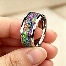 1pc Fashionable Bohemian Peacock Feather Pattern Inlay Ring Exquisite Stainless Steel Rings For Women Men Wedding Band Jewelry Gift Wholesale - Silver - View 6