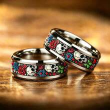 1pc Cyberpunk Red Rose Flower And Skull Ring Gothic Punk Men Stainless Steel Rings No Fade Rock Biker Jewelry Halloween Gift - Silver - View 2